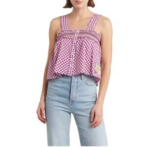 French Connection Gingham Smocked Top Purple Sleeveless Blouse NWT M